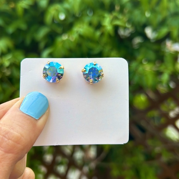 Iridescent Blue + Gold Crystal Earrings - Picture 3 of 16